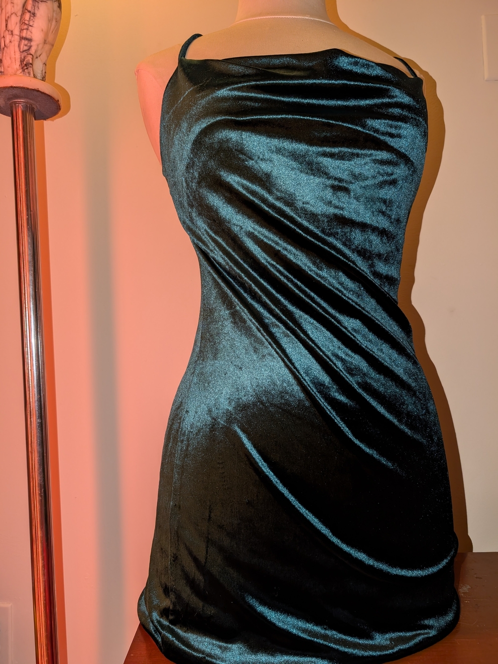 Sans Souci Teal Velvet Cowl Mini Dress